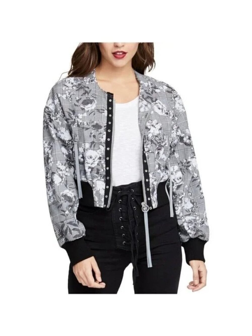 Rachel Roy Bomber Jacket Womens Size S Black White Floral Plaid Cropped Zippered